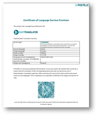 Fasttranslator Certificate of Language Service Provision showing service details and a QR code