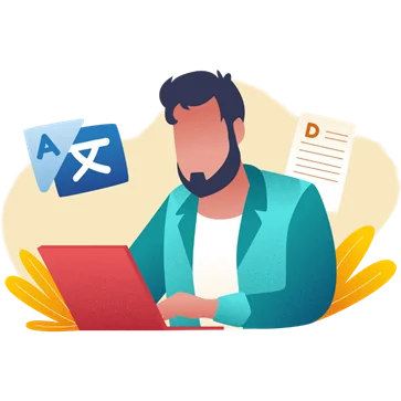 Illustration of a man working on a laptop beside language symbols and a document