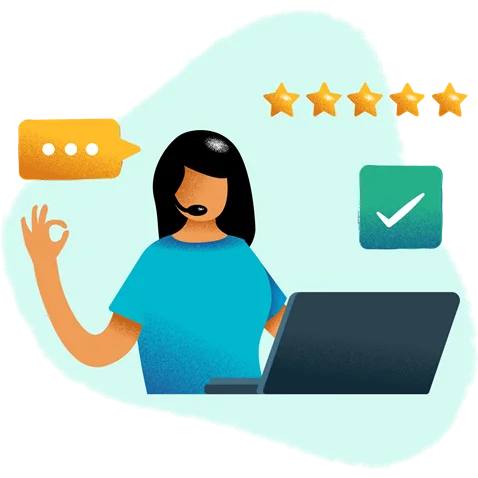 Illustration of a woman wearing a headset working on a laptop, with five stars, a check mark and a message icon