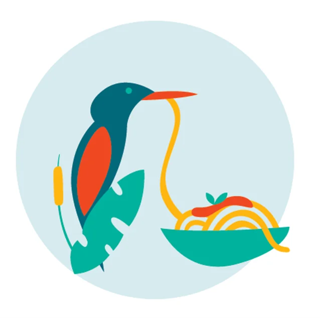Culinary translation that helps food and hospitality content travel naturally across languages Stylized bird beside a bowl of noodles with a tomato
