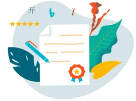 Illustration einer beglaubigten Übersetzung mit Dokument, Feder, Stift, Siegel und mehrsprachigen Zeichen.