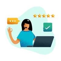Illustration einer zufriedenen Projektmanagerin mit Headset am Laptop, umgeben von Chat-Symbol, Fünf-Sterne-Bewertung und Häkchen als Zeichen für exzellenten Service