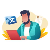 Illustration einer Person am Laptop mit Sprachsymbolen und Dokument für einen Übersetzungsauftrag.