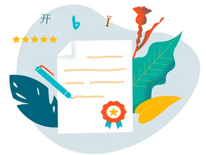 Illustration einer beglaubigten Übersetzung mit Dokument, Feder, Stift, Siegel und mehrsprachigen Zeichen.