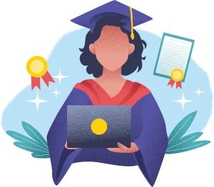 Illustration eines Hochschulabschlusses mit Absolventin, Diplom und Abschlusskappe.