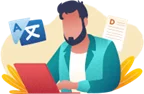 Illustration einer Person am Laptop mit Sprachsymbolen und Dokument für einen Übersetzungsauftrag.