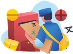Illustration eines Postmitarbeiters mit Dokumenten für den Versand beglaubigter Übersetzungen.