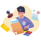 Illustration einer Person mit Unterlagen, Briefumschlag und gestempeltem Dokument für eine beglaubigte Übersetzung.
