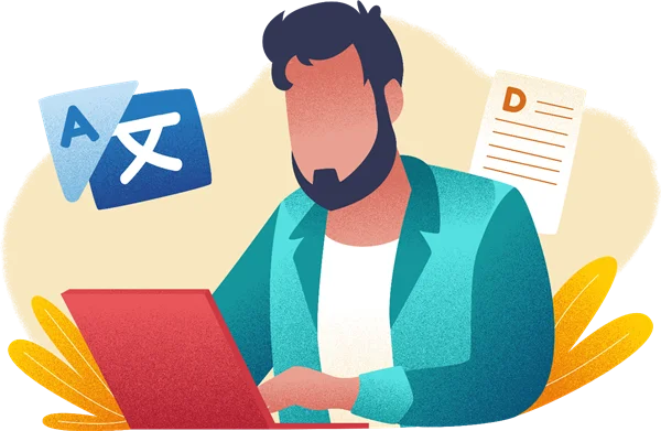 Illustration einer Person am Laptop mit Sprachsymbolen und Dokument für einen Übersetzungsauftrag.
