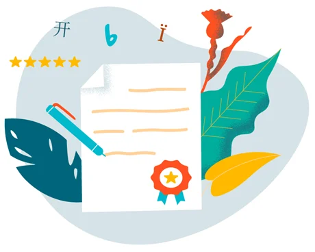 Illustration einer beglaubigten Übersetzung mit Dokument, Feder, Stift, Siegel und mehrsprachigen Zeichen.