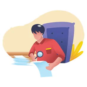Illustration einer Person am Schreibtisch mit einer Luppe an der Hand. Die Person prüft ein Dokument/eine Übersetzung