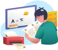 Illustration einer Person, die vor einem Whiteboard mit Diagrammen (A=chinechischer Sysmol für A) steht. Die Person hat ein Dokument/eine Übersetzung an der Hand und führt eine abschliessende Qualitätskontrolle durch. Es symbolisiert die sorgfällige Überprüfung der Terminologie eines Übersetzungsprojekts.