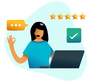 Eine zufriedene Projektmanagerin mit Headset am Laptop, umgeben von Chat-Symbol, Fünf-Sterne-Bewertung und Häkchen als Zeichen für exzellenten Service
