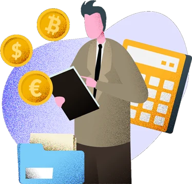 Ein Mann hält ein Dokument in der Hand und zeigt mit dem Finger darauf. Hinter ihm steht ein Taschenrechner. Links neben ihm liegen Münzen mit verschiedenen Währungssymbolen (Dollar, Euro usw.). Unten links befindet sich ein Aktenordner mit Unterlagen