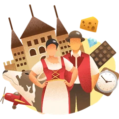 Ein Mann und eine Frau in traditioneller Schweizer Tracht. Um sie herum sind Symbole der Schweiz dargestellt, darunter Käse, ein Diamant, eine Schokoladentafel, eine Uhr, eine Kuh, ein rotes Flugzeug sowie ein Gebäude, das vermutlich ein bekanntes Schweizer Wahrzeichen darstellt