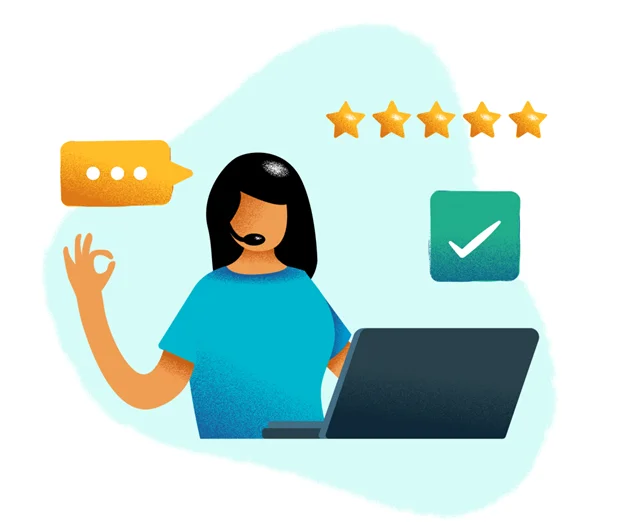Illustration einer zufriedenen Projektmanagerin mit Headset am Laptop, umgeben von Chat-Symbol, Fünf-Sterne-Bewertung und Häkchen als Zeichen für exzellenten Service