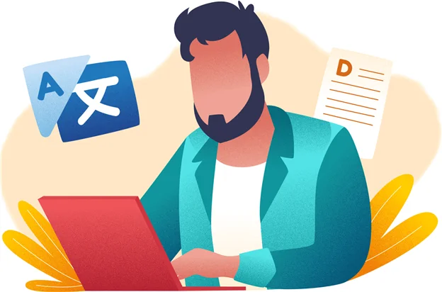 Mann/Übersetzer übersetzt und arbeitet am Laptop. Über den Laptot ist ein Symbol mit Buchstaben in lateinischen und chinesischen Schrift.
