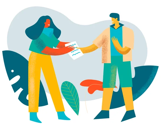 Illustration eines Mannes, der einer Frau ein Dokument übergibt vor einem Hintergrund aus Blättern