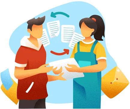 Illustration zweier Personen beim Austausch eines Dokuments, umgeben von Textblättern, Pfeilen und Briefumschlägen als Symbol für professionelle Übersetzungsleistungen.