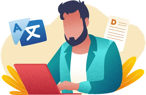 Illustration eines Fachübersetzers bei der Arbeit am Laptop mit Sprachsymbolen und Dokumenten.