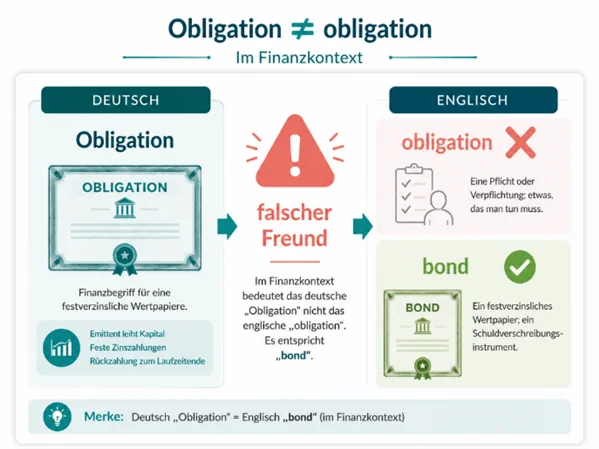 Infografik zum falschen Freund „Obligation“: Im Deutschen bezeichnet der Finanzbegriff eine Anleihe, auf Englisch lautet die korrekte Übersetzung „bond“