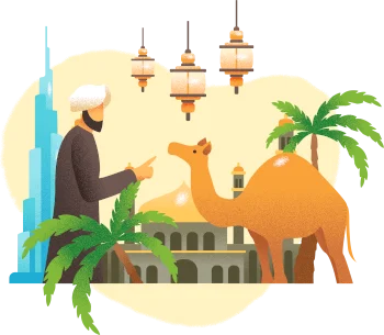 Professional Arabic translation by native-speaking specialists for business and document needs Man in a white headscarf beside a camel, palm trees, mosque-style arches, lanterns and a modern tower