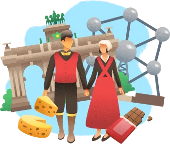 Man and woman in traditional-style clothing with the Atomium, a monumental arch, cheese and chocolate