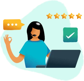 Professional translation into American English for business, personal and official documents Woman at a laptop making an OK gesture, with five stars, a check mark and a speech bubble