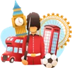 British English translation is available from native-speaking professionals familiar with UK usage British guards and London-themed objects including a red double-decker bus and red telephone box