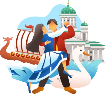 Dancing couple in traditional-style clothing with a Viking ship, white swan and domed cathedral