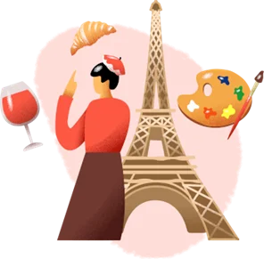 Person in a beret in front of the Eiffel Tower with a croissant, wine glass and artist palette