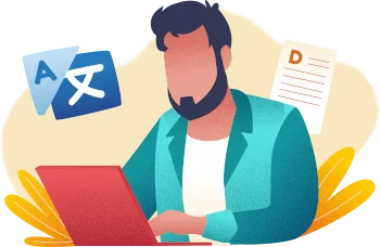 Bearded man working on a red laptop beside language symbols and a document