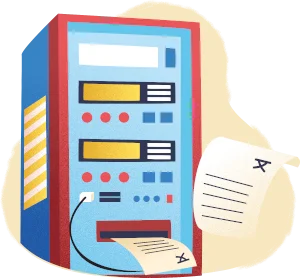 Illustrated machine with documents entering and leaving it, including pages with language symbols