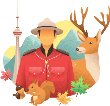 Canadian French translation adapted for Canadian terminology, usage and audiences Canadian Mountie in a red uniform with a deer, squirrel, maple leaves, mountains and buildings