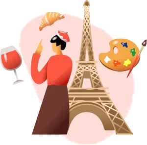 French translation for France by professionals familiar with local language and culture Person in a beret in front of the Eiffel Tower with a croissant, wine glass and artist palette