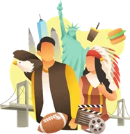 American-themed collage with the Statue of Liberty, bald eagle, football, film reel and food