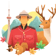 Person in traditional Canadian-style clothing with a deer, squirrel, maple leaves, mountains and tower