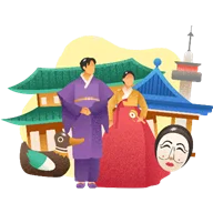 Man and woman in traditional Korean clothing in front of Korean buildings with a theatrical mask