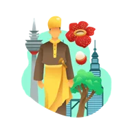 Man in traditional-style clothing with a flower, cricket ball and modern city buildings