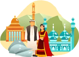 Man and woman in traditional-style clothing in front of colorful domed buildings and mountains