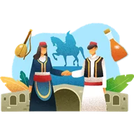 Man and woman in traditional Albanian-style clothing with a bridge, statue, instrument and bottle