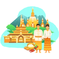 Two people in traditional Southeast Asian-style clothing with temples, mountains and fruit