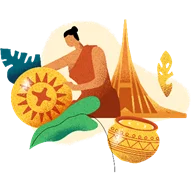 Stylized seated person with a shield, drum, sailboat and fish