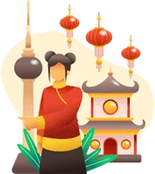 Woman in Chinese-style clothing holding a pole, with red lanterns and a pavilion