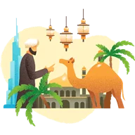 Man beside a camel and palm trees with mosque-style architecture and hanging lamps