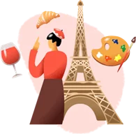 Person in a beret in front of the Eiffel Tower with a croissant, wine glass and artist palette