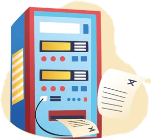 Illustratie van een grote computerkast met formulieren en papieren ernaast. De afbeelding is bedoeld als vertaalmachine.