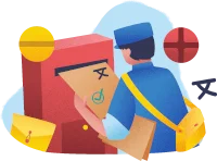 Illustratie van een postbezorger die een brief in een rode brievenbus doet, met kleine vlagpictogrammen