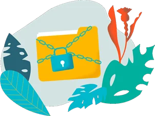 Illustratie van een geel document of dossier met een ketting en hangslot, omringd door bladeren