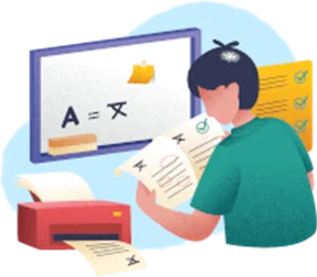 Illustratie van een persoon die papieren bekijkt bij een computerscherm met taalsymbolen, met een printer ernaast